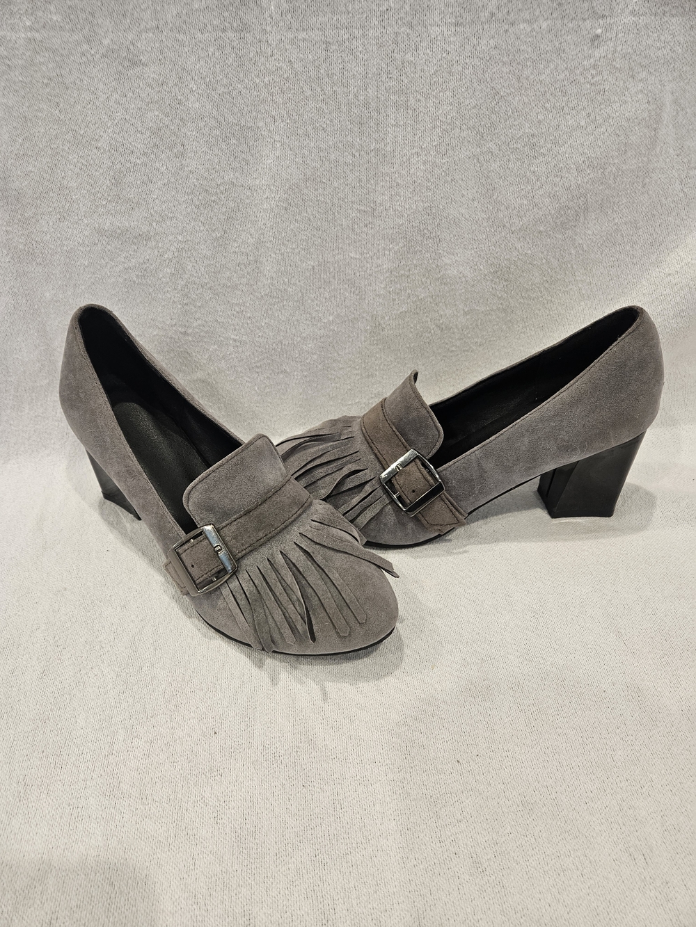 Gray Suede Fringe Buckle Low Block Heels Size 9